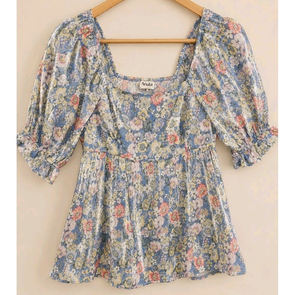 Arula XL Floral Babydoll Top Shimmer Metallic Puff Sleeve Cottagecore Romantic